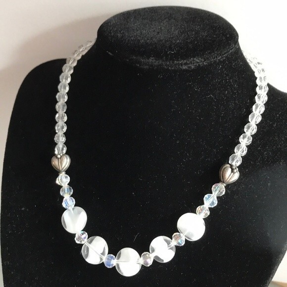Vintage Handmade Crystal Glass Sterling Silver Hearts Toggle Necklace 15 Inch - Picture 1 of 7